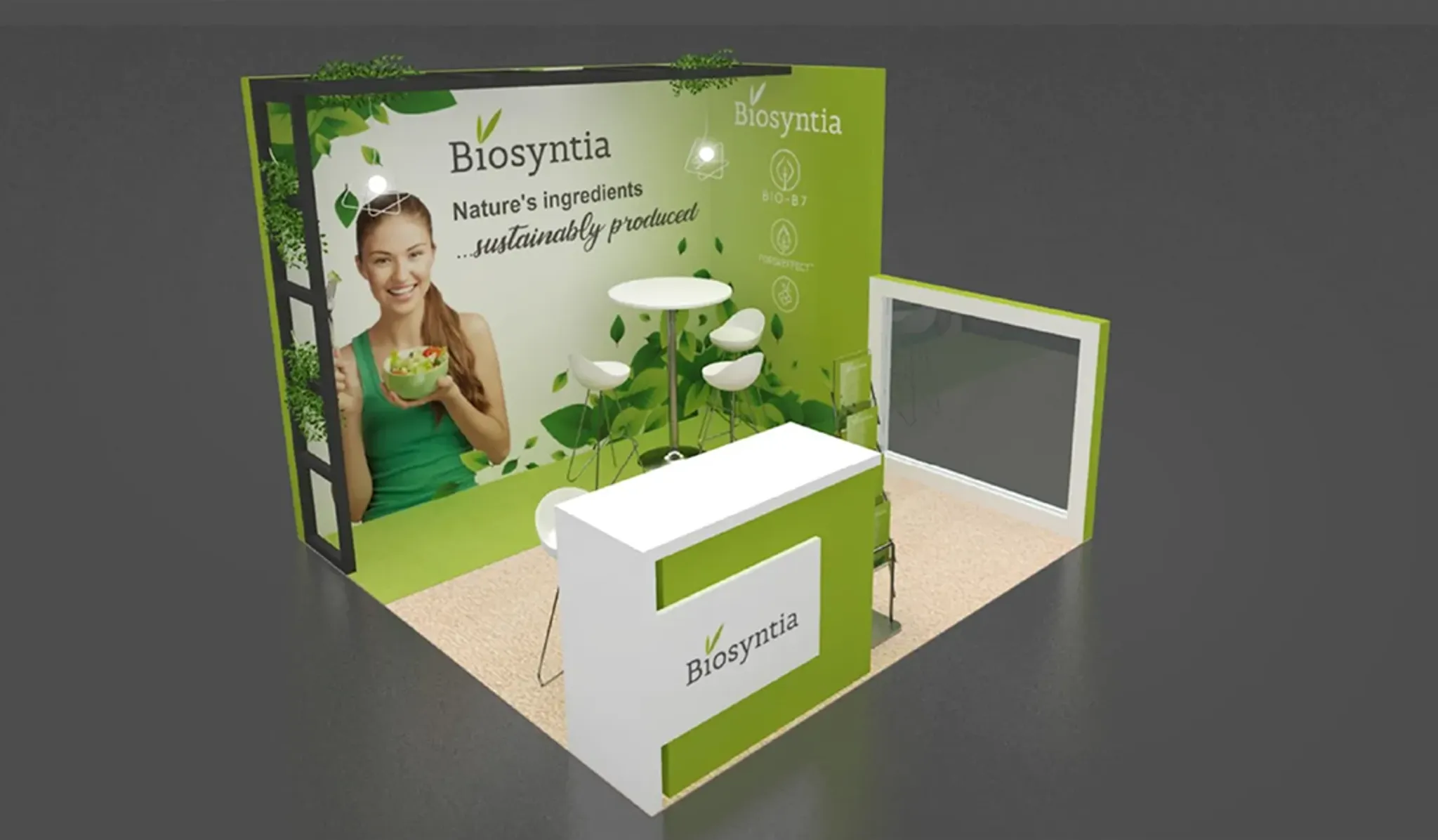 10x10 booth with greenery and high table
